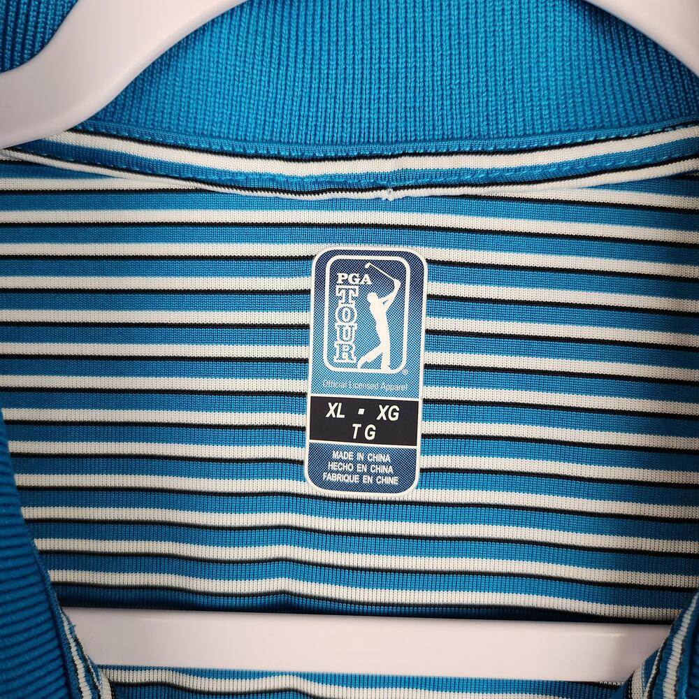 PGA Tour Polo Shirt Mens XL Blue White Stripe Golf Performance Embroidered Logo